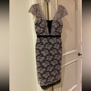 Pale Pink Lace & Organza Midi Dress Over Black Satin with Ribbon Bow